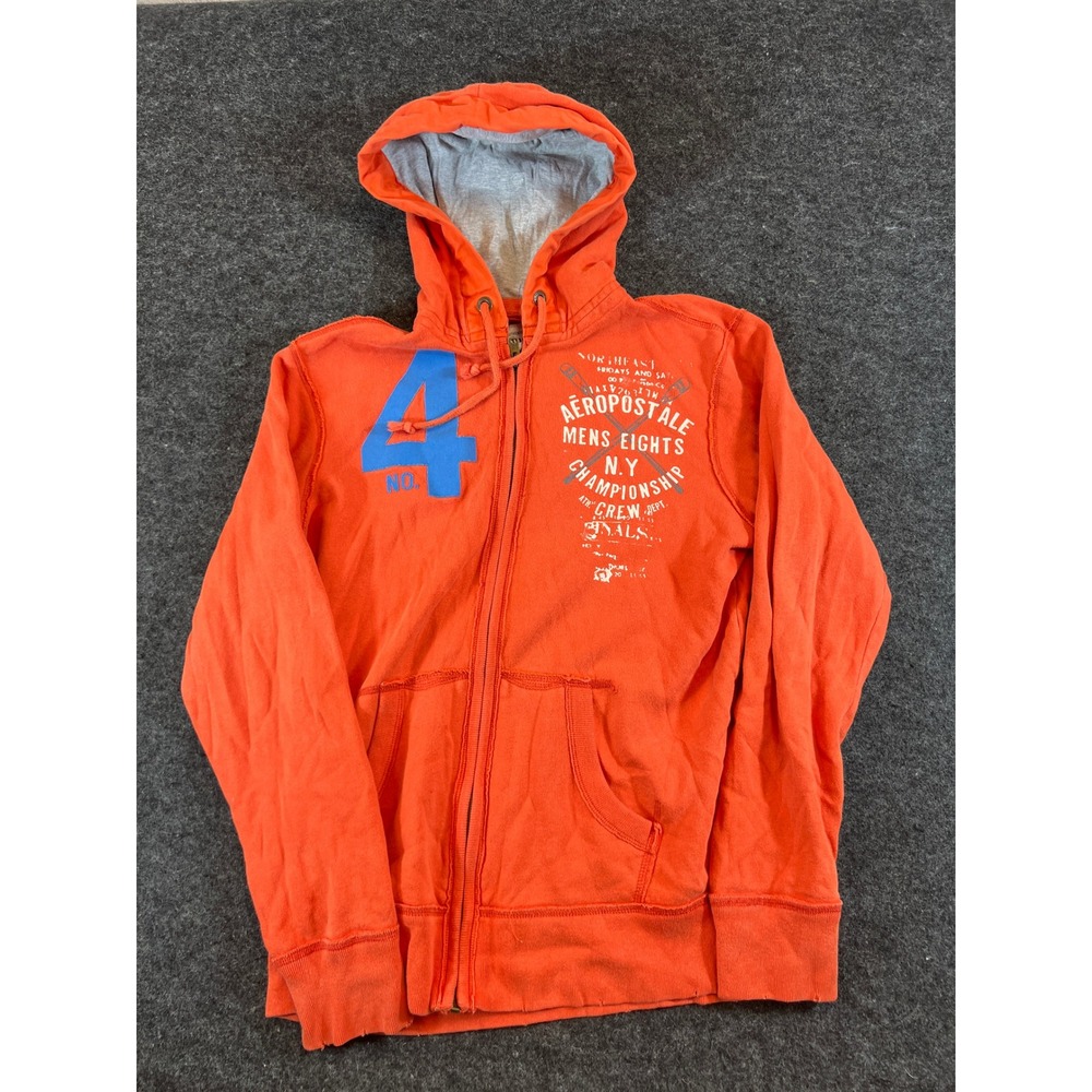 Vintage Aeropostale Mens Orange Full Zip Hoodie Y2K Graphic Hudson St Crew M